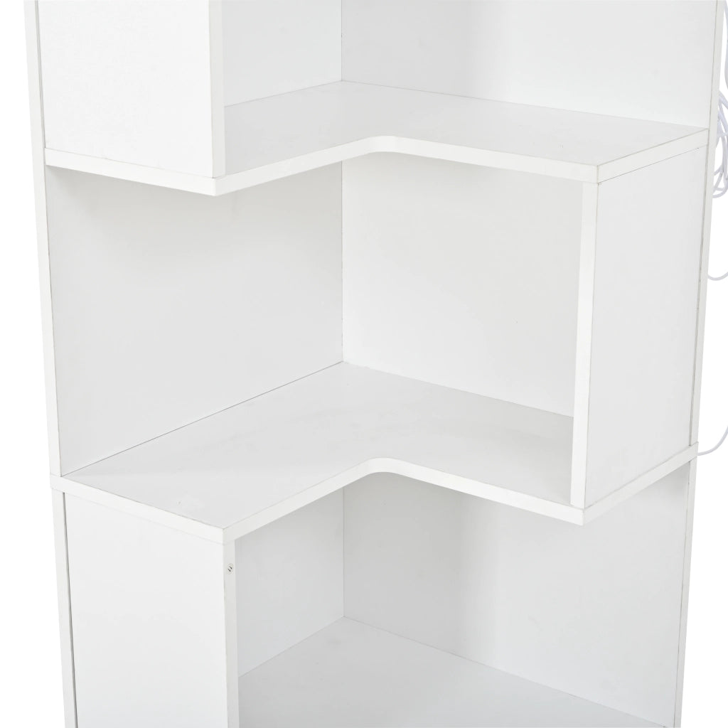 Libreria angolare con LED e 2 cassetti 4 ripiani aperti per soggiorno e camera da letto bianca 165 × 45 × 45 cm
