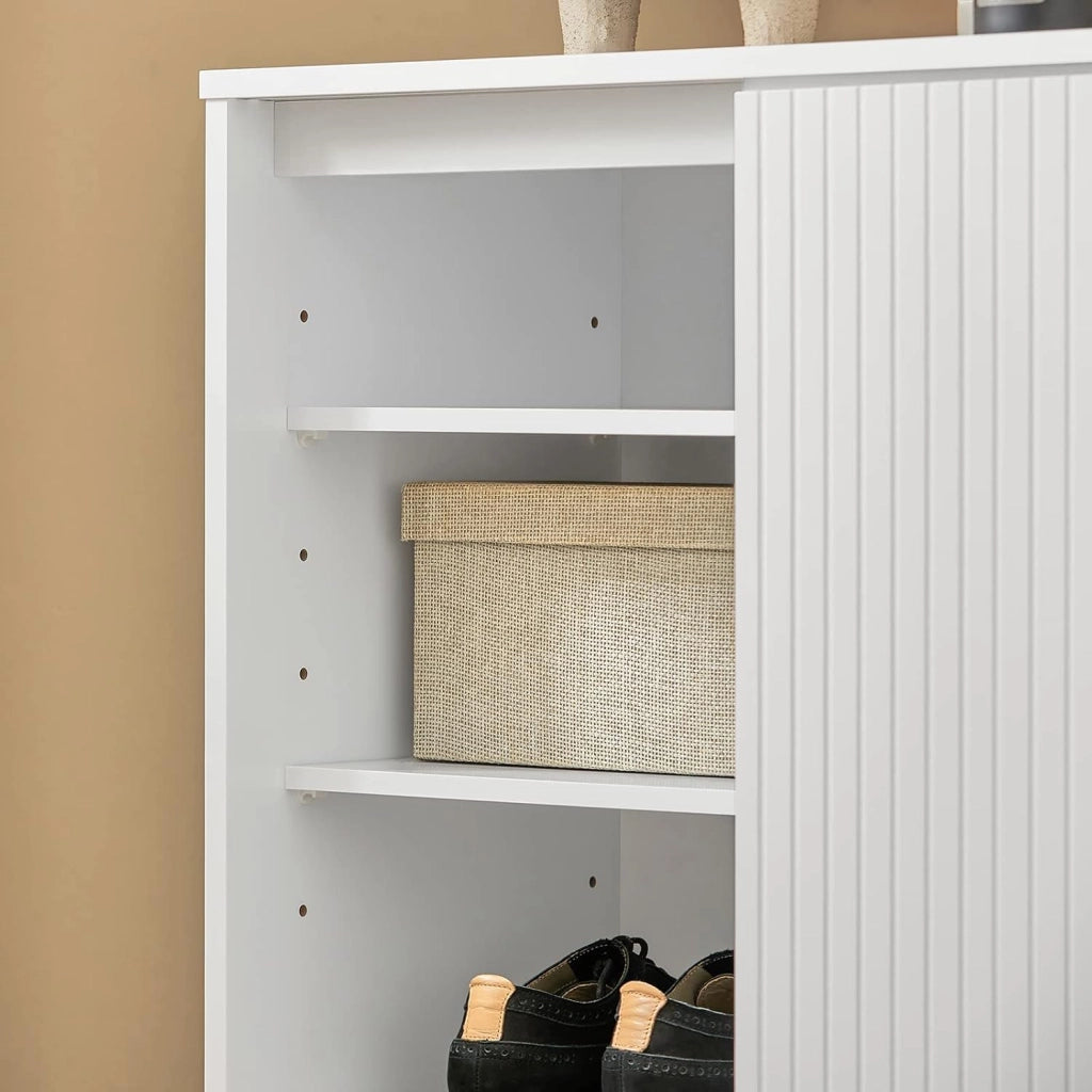 Mobile Ingresso Credenza Soggiorno Salvaspazio con Anta Scorrevole, Mobile da Cucina, Mobiletto Moderno in Legno con Gambe in Bambù, Design Elegante e Stabile, Bianco, 70x37x87cm, FSB62-W