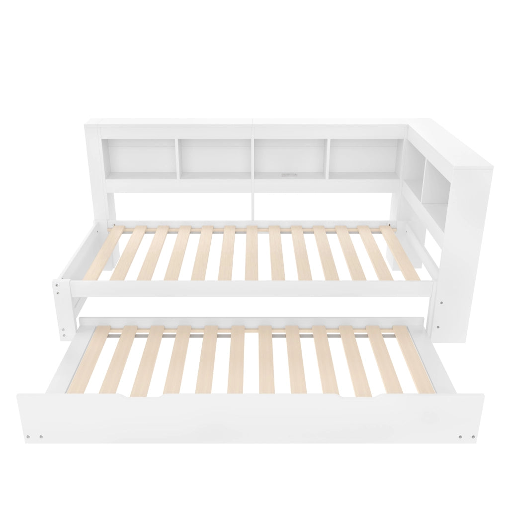 Daybed con letto estraibile, presa e 2 USB, 90x200 cm, truciolare bianco