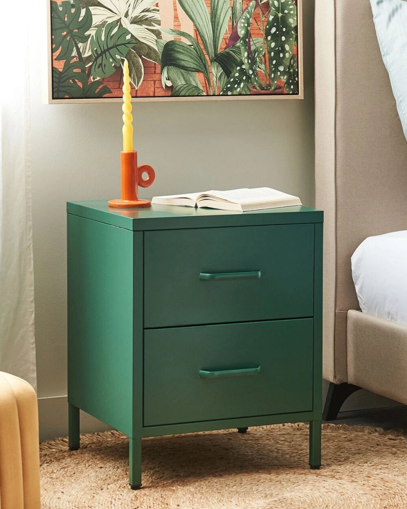 Comodino in Acciaio Verde Design Industriale 2 Cassetti Camera da Letto Mobili Contenitori
