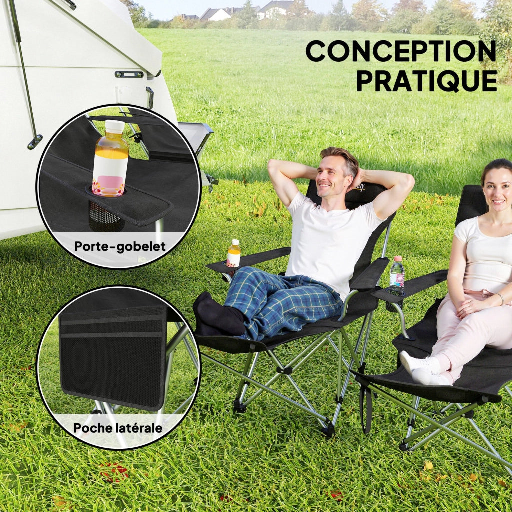 Sedia da camping pliante inclinabile con appoggiapiedi, porta bicchiere e sacco ¨C zephmum ¨C nero