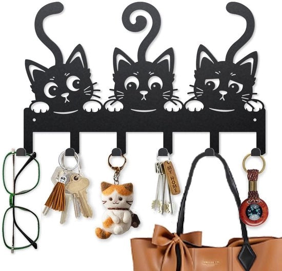 Sostegno per Cappotti con Forma di Gatto - Maniglia Metallica - Tre Gatti - Supporto per Asciugamani e Cappotti - 40 x 25 cm - Progetto Originale - Supporto per Porta