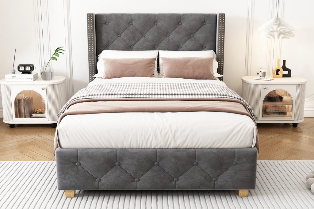DESMIU Letto singolo 1 posto con testiera trapuntata e borchie decorative, 90 × 200 cm, senza materasso, grigio
