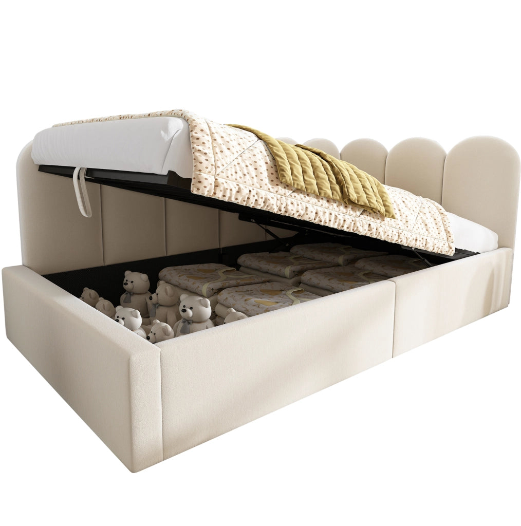 Letto daybed 90x200 cm con contenitore idraulico; struttura in metallo e velluto beige