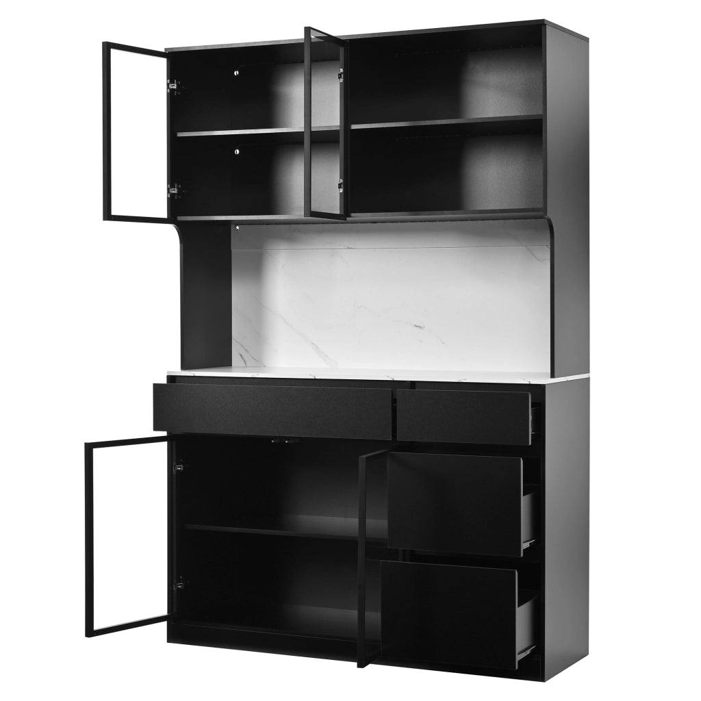 Credenza, mobile da sala da pranzo, finitura in marmo, MDF, ante in vetro, illuminazione a LED, nero e bianco