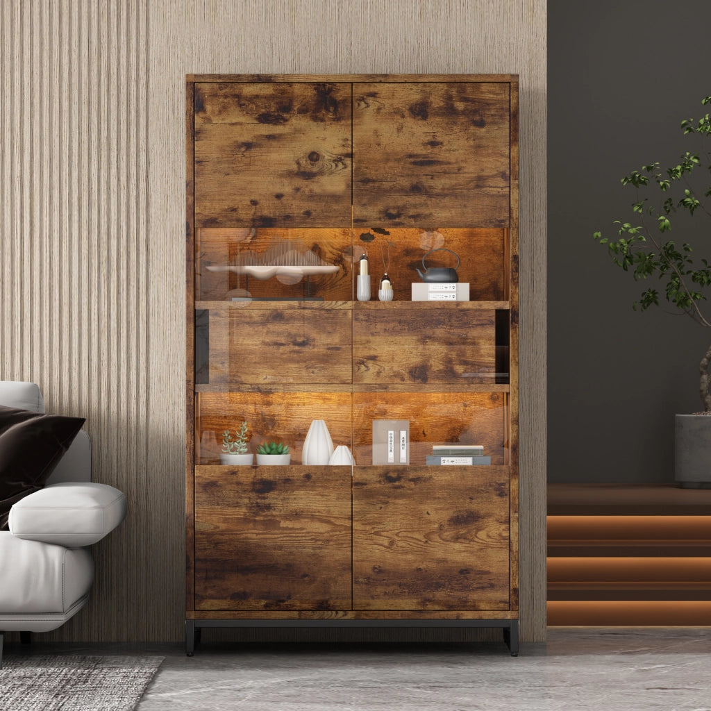 Vetrina con 2 Ante e 2 Cassetti e LED Bluetooth; 6 Vani; Stile Moderno Retr??; in MDF; Nero Effetto Legno; 80??40??138 cm