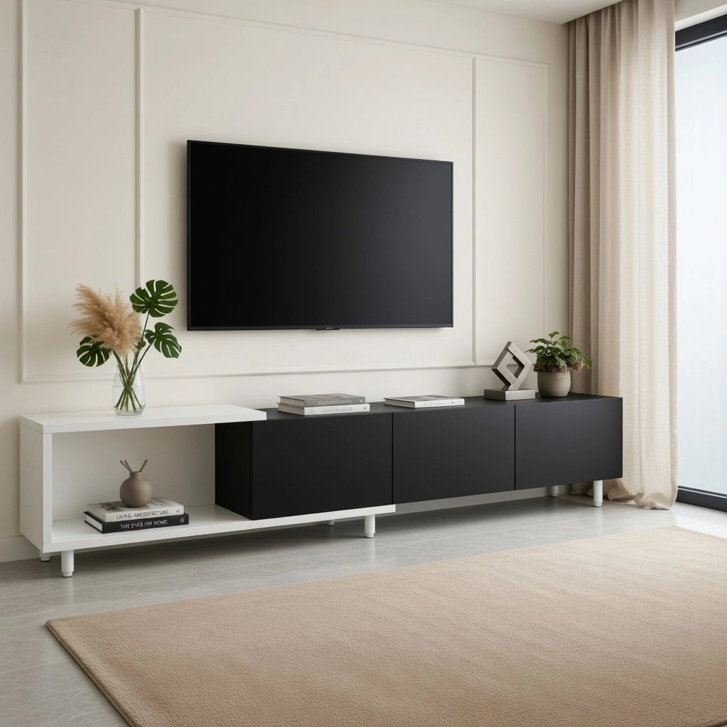 Cassettiera per TV nera e bianca in MDF e truciolare lunghezza 258 cm