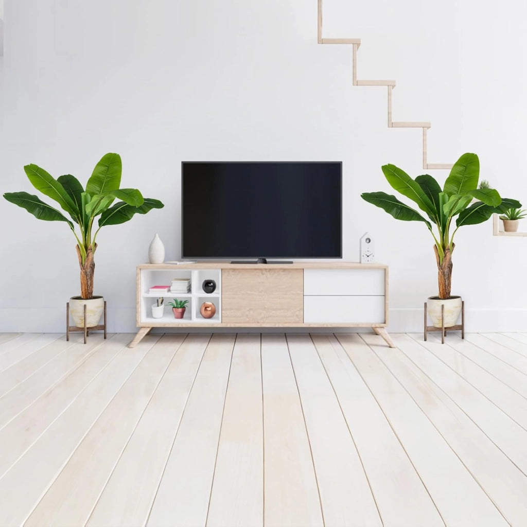 Set da 2 Alberi di Banane Artificiali, Pianta Finta con Foglie di Banana e Rami Regolabili con Vaso, Pianta in Vaso Decorativa da Interno per Soggiorno o Ufficio