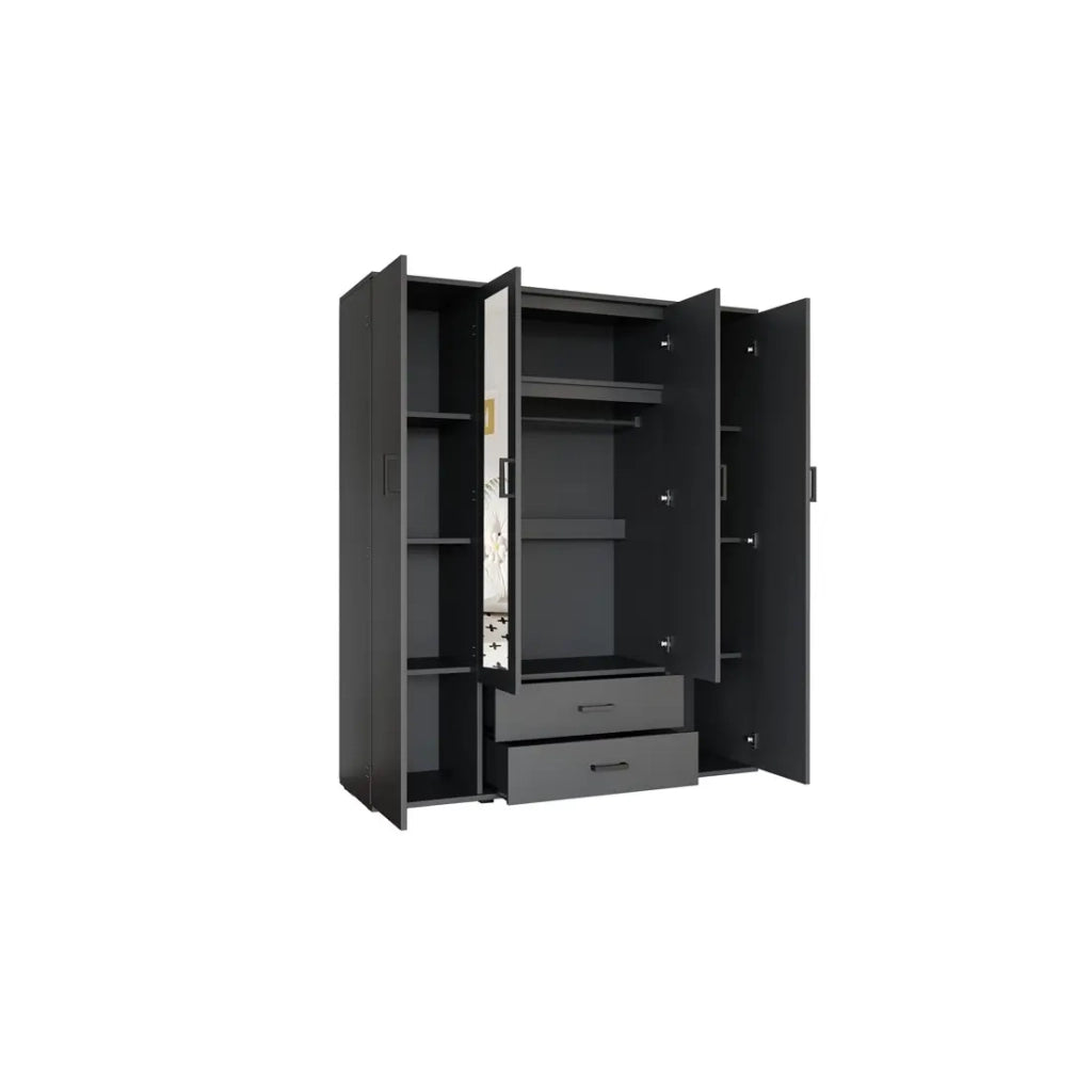 Armadio TOM – 4 porte con specchi – Colore grigio antracite – L160 cm – Design moderno e grande capacità di stoccaggio