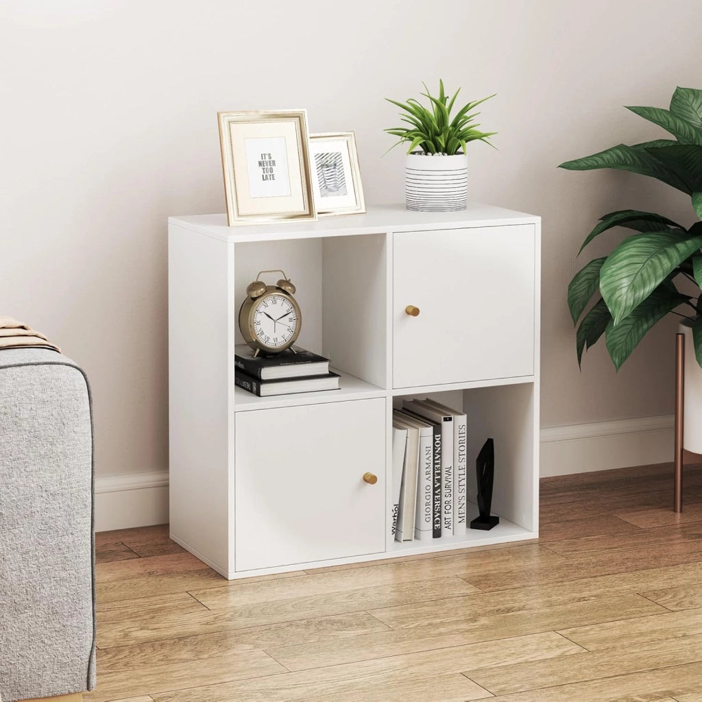 Libreria a 4 Cubi, Scaffale a 3 Piani con Doppio Kit Anti-Ribaltamento e 2 Armadietti, Organizzatore da Terra in Legno per Ufficio, Soggiorno e Camera da Letto, 60 x 29 x 60 cm