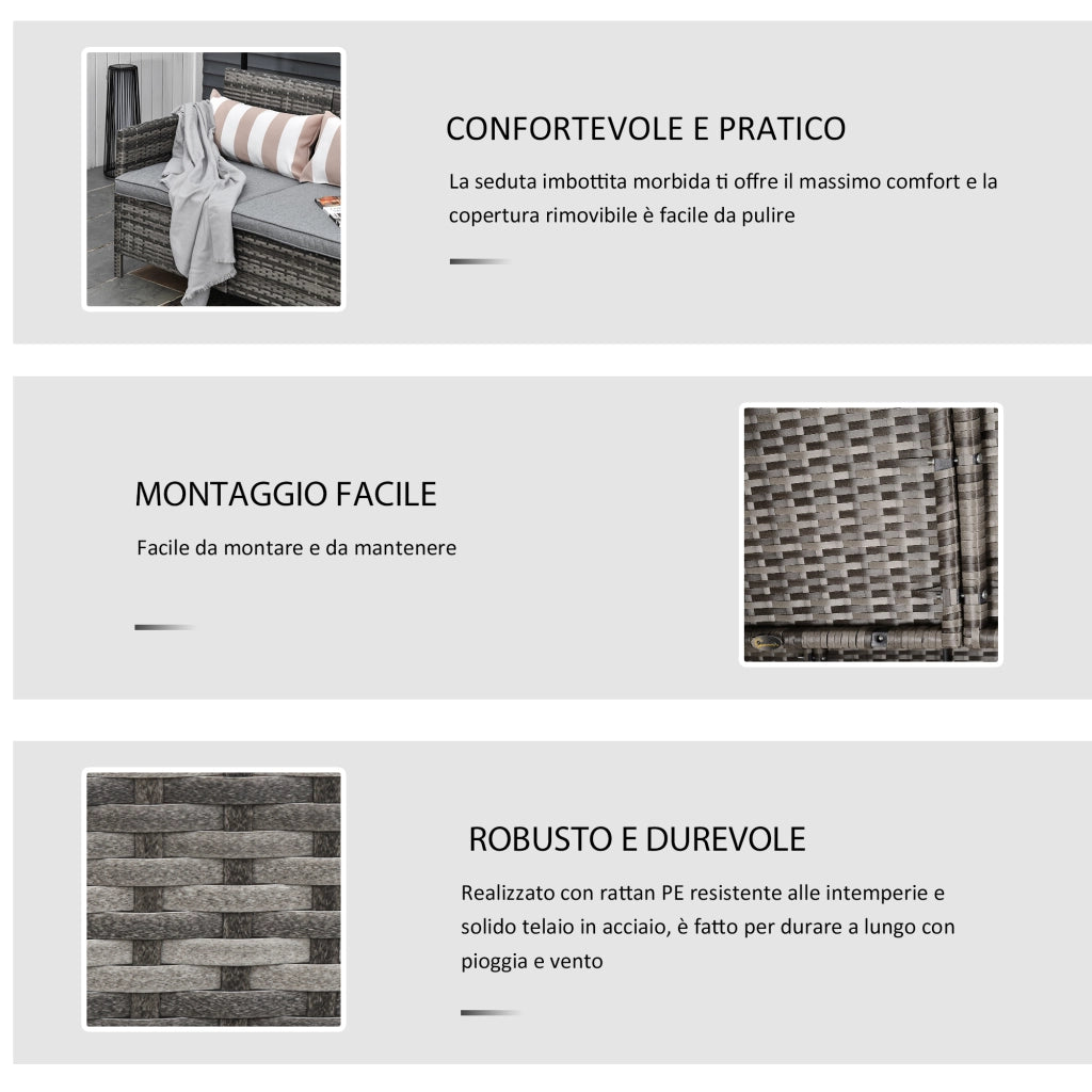 Divanetto da Esterno 3 Posti in Rattan PE, Divano da Esterno con Cuscini Imbottiti e Sfoderabili, per Giardino, Patio e Terrazzo, 173x68x78 cm, Grigio