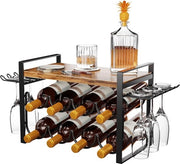 Wijnrek con supporto per bicchieri e pannelli in legno, piccolo wijnrek per 8 bottiglie e 6 bicchieri, cassa per bottiglie per il bancone, la cucina e la dispensa (40x21x31cm)