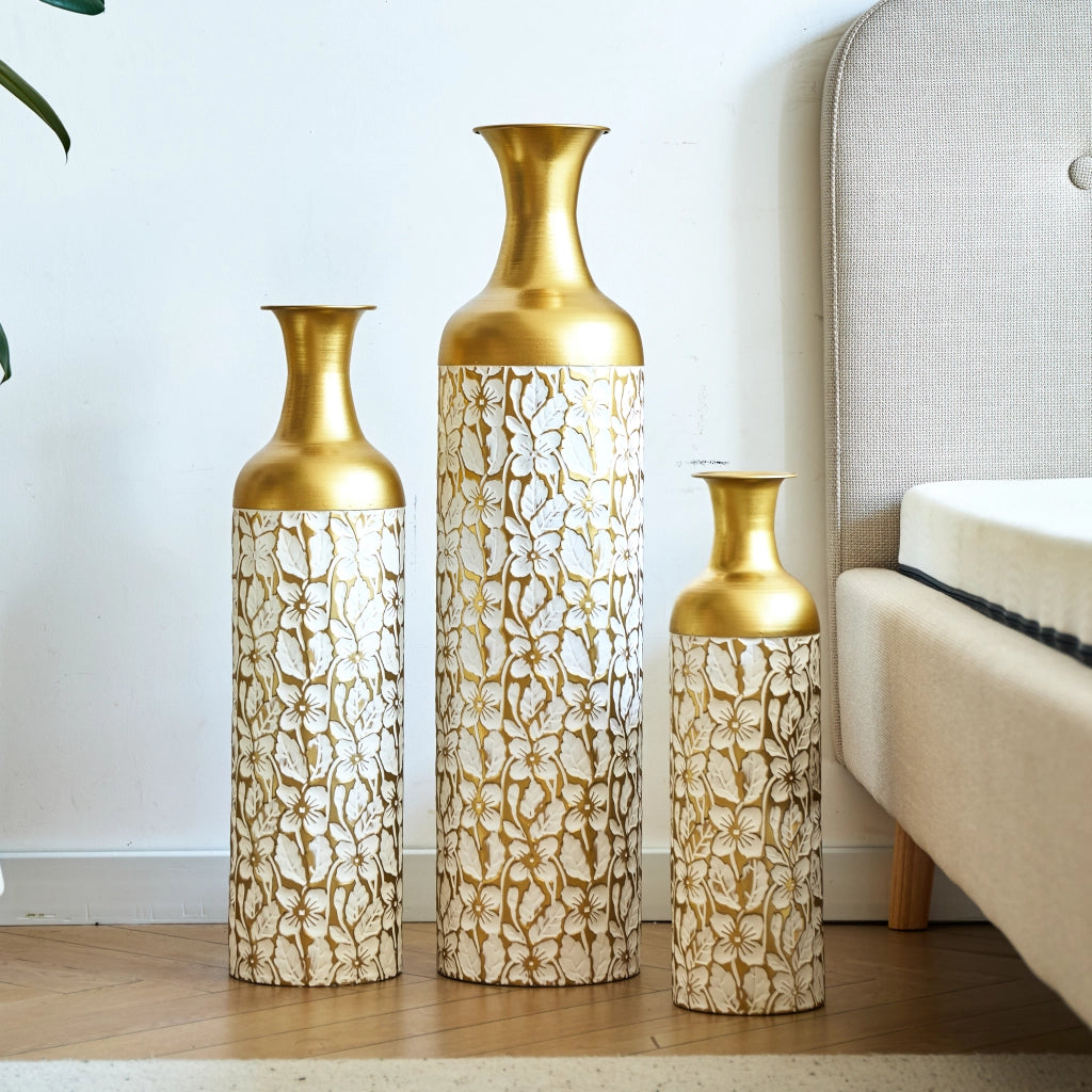 Fioriera a più livelli in metallo set da 3 con motivo floreale oro e bianco per soggiorno ingresso e ufficio