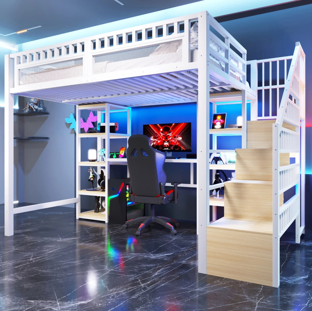 Letto a soppalco 140x200 cm bianco con scrivania, LED e USB