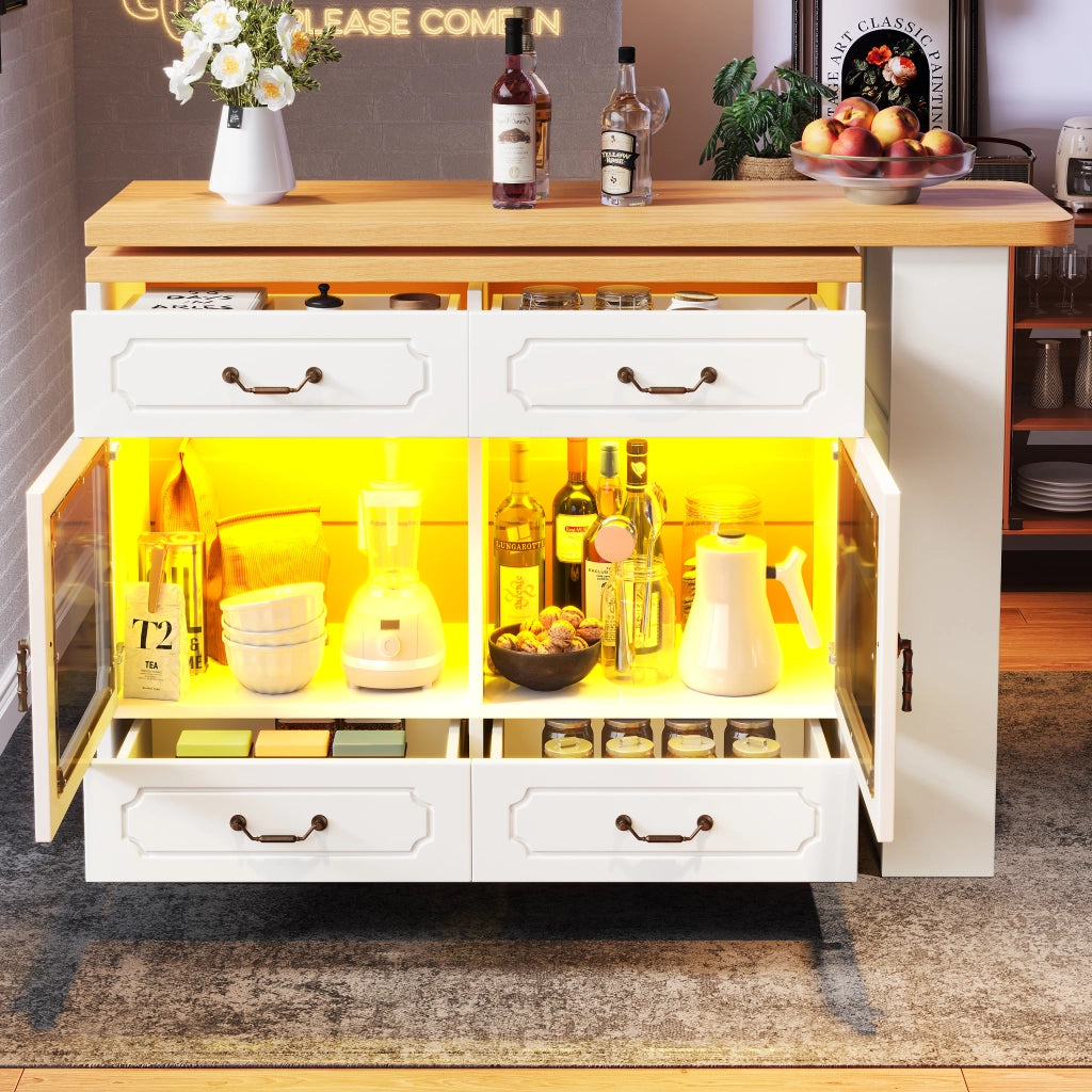 OKWISH Tavolo Bar Estensibile con 4 Cassetti e Ripiano Laterale, Piano Girevole a 360° e LED, per Cucina