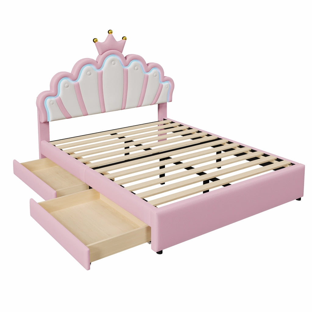 Letto imbottito 140x200 cm con LED RGB, 2 cassetti, testiera regolabile, PU rosa