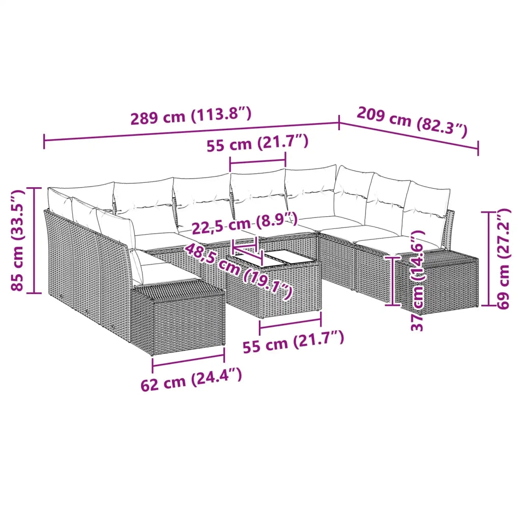 Set Divano da Giardino con cuscino 10 pcs Marrone polyrattan
