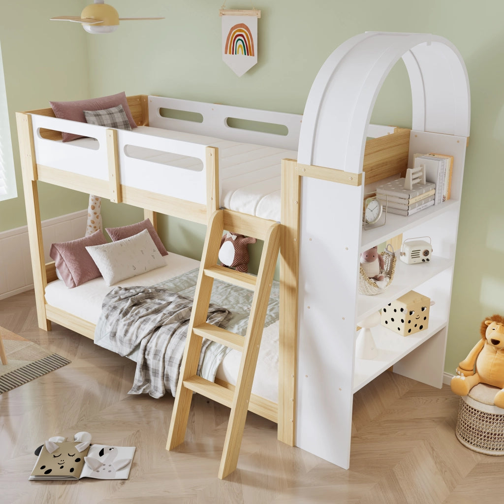 Letto a castello con scaffale a tre ripiani in legno massello e mdf bianco naturale 90x200 cm