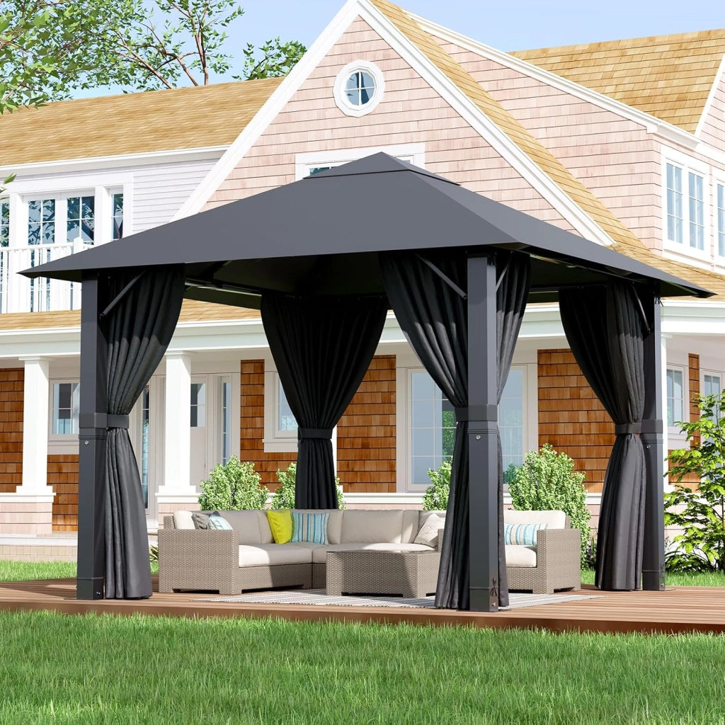 Gazebo 3x4 Impermeabile, Gazebos Giardino Invernale Resistente ai Raggi UV, Gazebos per Feste Stabile Gazebo Esterno Resistente con Struttura in Metallo, Beige