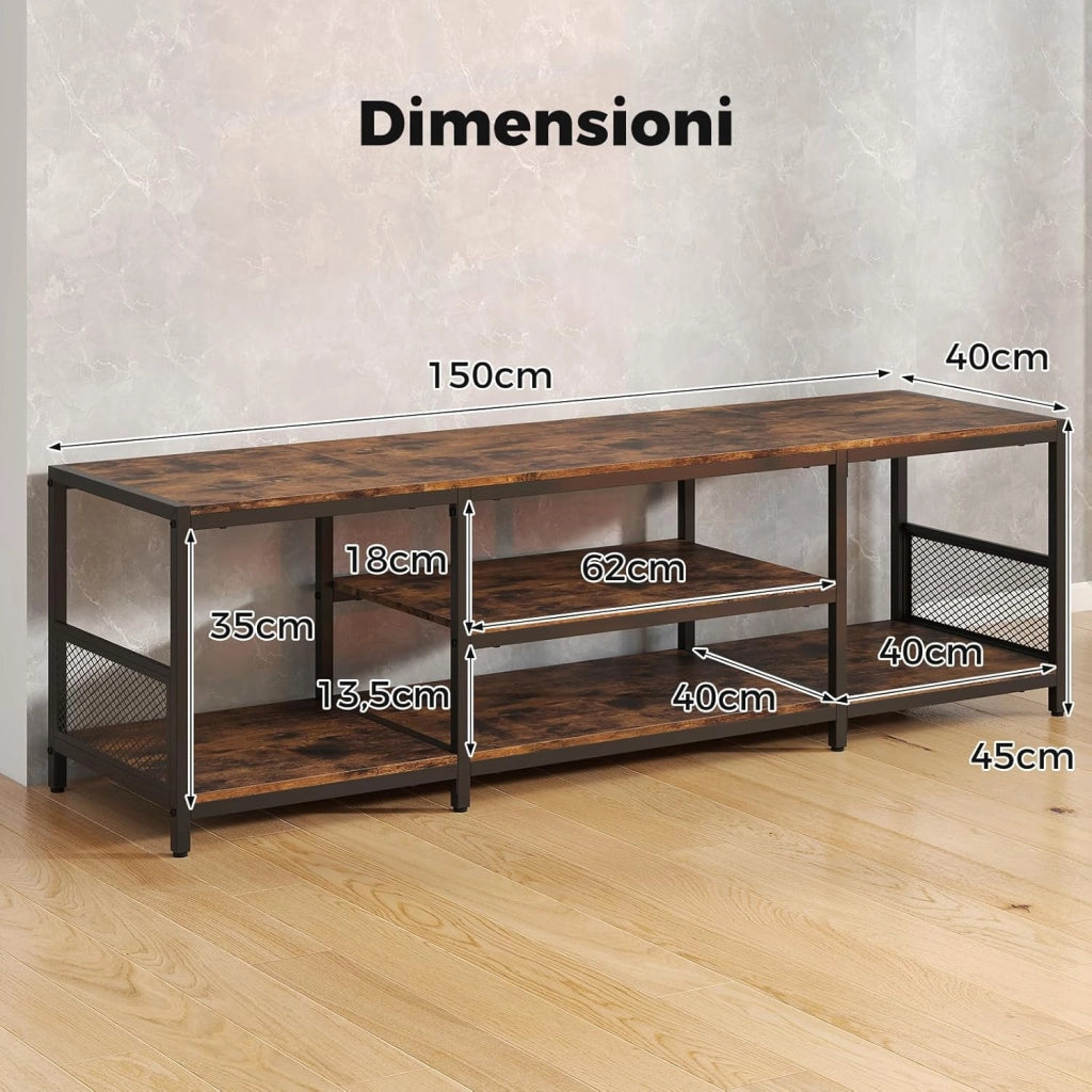 Mobile TV fino a 65’’, Mobile Porta TV con Mensole Aperte, Consolle Media Industriale, Centro Intrattenimento Basso Salotto, per Soggiorno e Camera da Letto