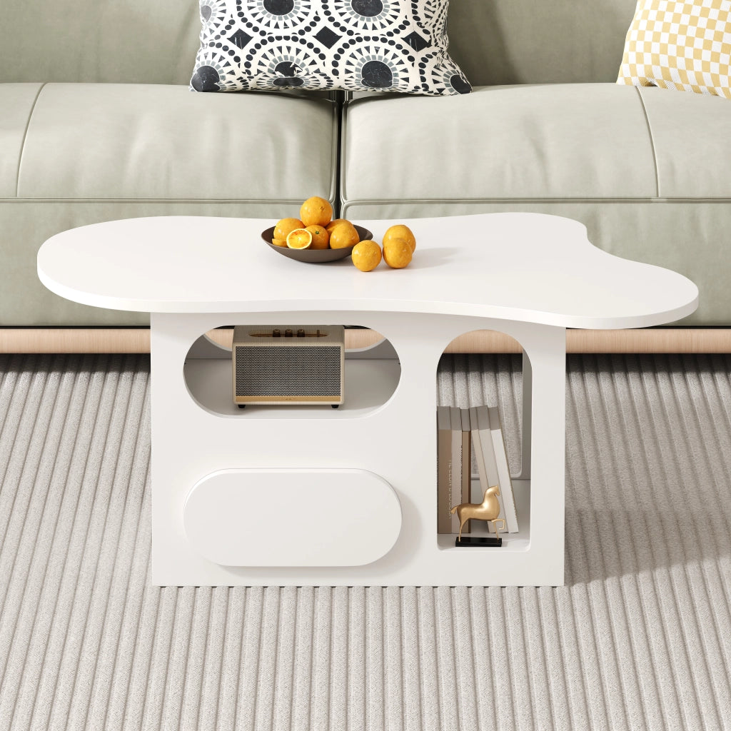 OKWISH Tavolino da Salotto a Forma di Nuvola con 2 Cassetti e Vani Aperti, Bordi Curvi, per Soggiorno, 97×45×43,5 cm