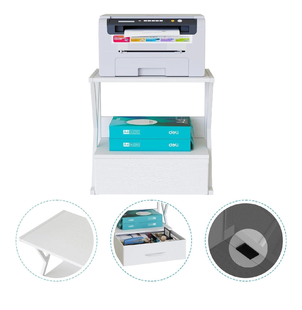 Scaffale Supporto Ufficio Porta Stampante con Cassetto Metallo e Legno Bianco 54cm