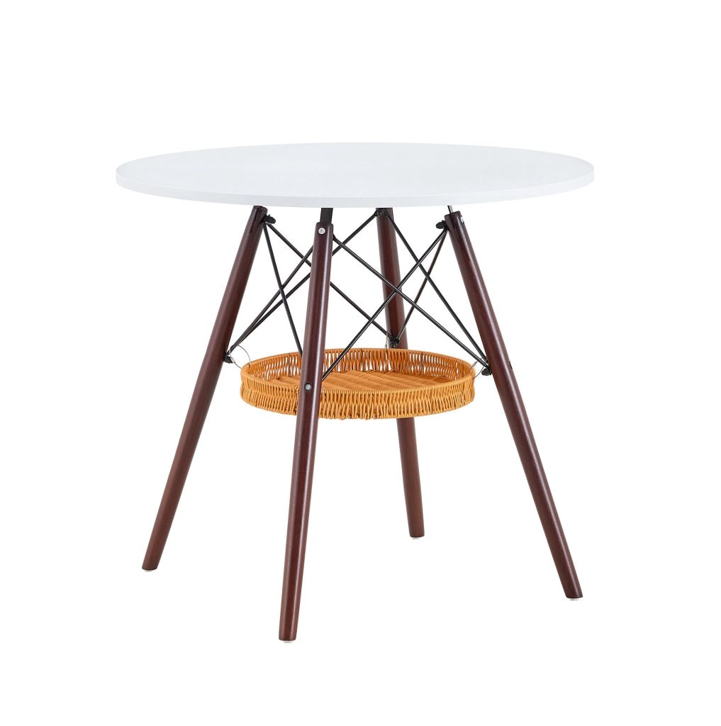 Tavolo rotondo ? 80 cm in MDF bianco e legno massello noce con cestello sospeso