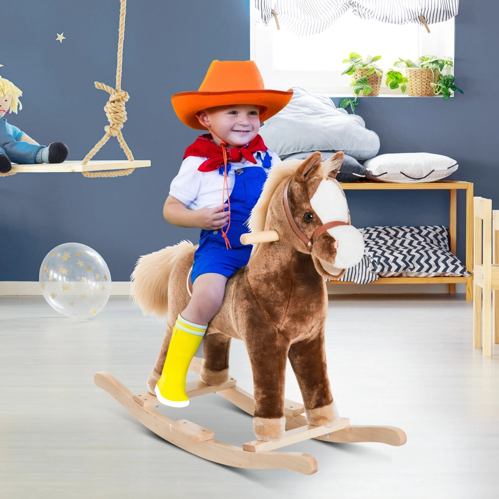 EasyComfort Cavallo a Dondolo in Legno Giocattolo Cavalcabile Bambini Peluche 74 × 33 × 62cm