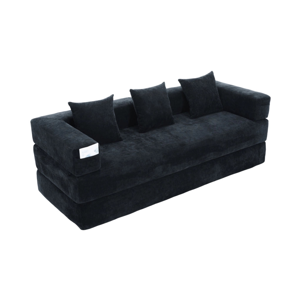 Divano modulare in chenille nero con tasche laterali e base antiscivolo; 198x79x60 cm