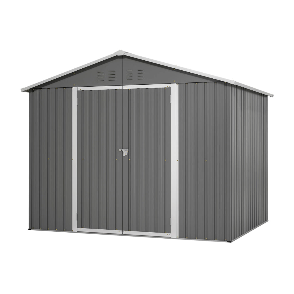 Casetta da giardino in metallo con porta a ribalta e prese d’aria, grigio, 229,4 × 180 × 192,3 cm