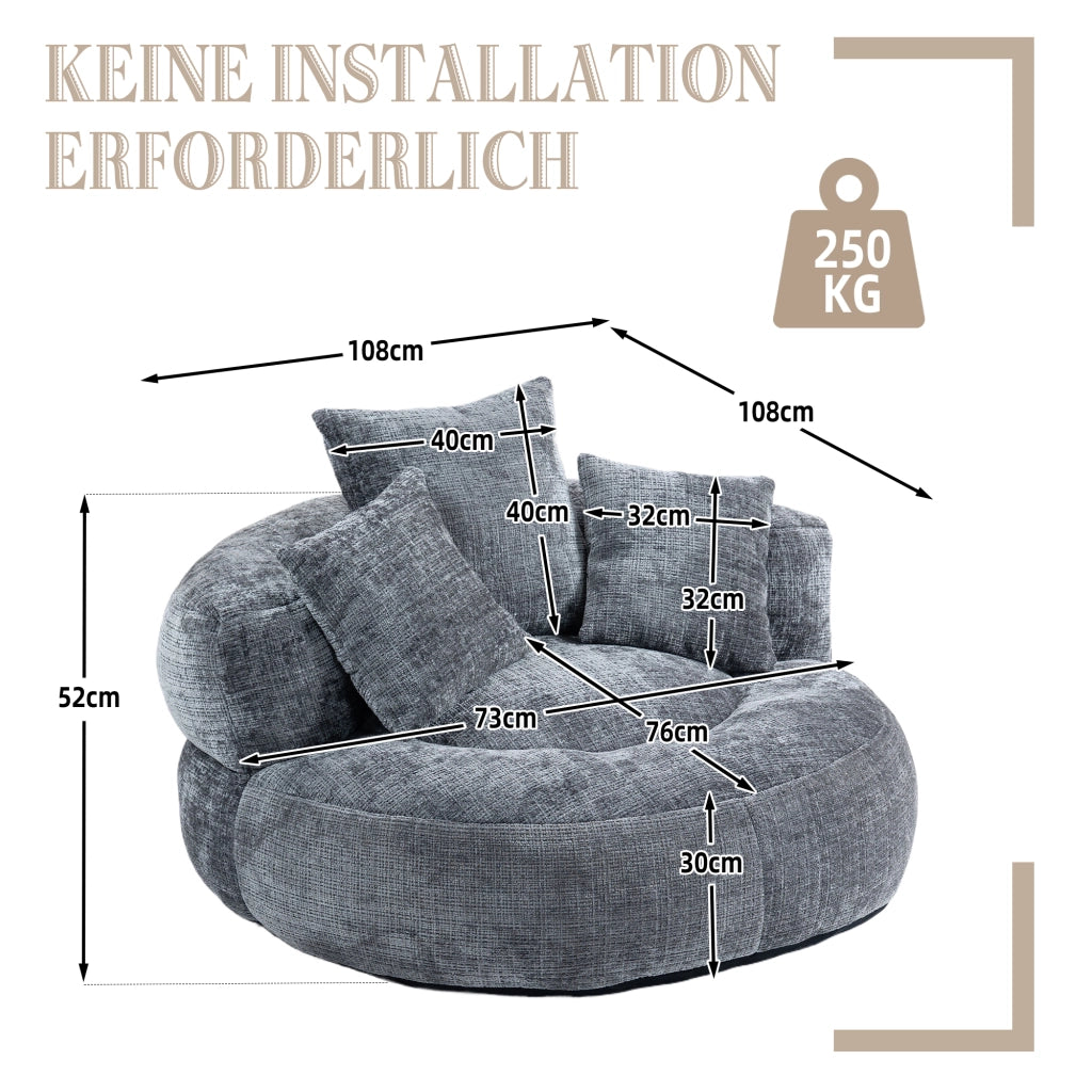 Poltrona Pouf per Adulti con Schienale Alto e Braccioli; Poltrona Gaming Relax 3 Cuscini; in Ciniglia Grigio