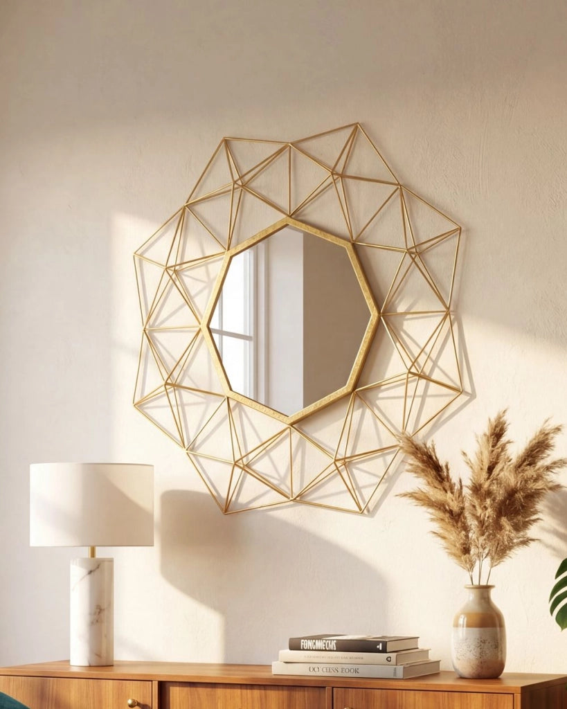 Specchio appeso a parete dorato 69 x 80 cm a forma di stella a forma di sole elemento decorativo soggiorno camera da letto
