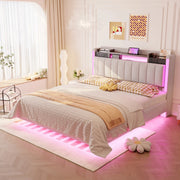 Letto matrimoniale imbottito 140x200 cm con LED; USB; testiera contenitore e rete; beige