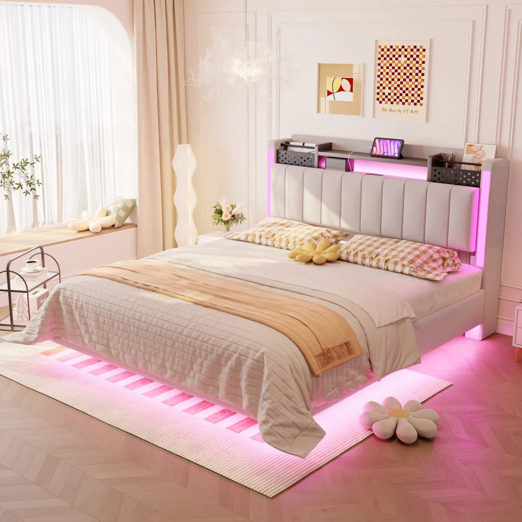 Letto matrimoniale imbottito 140x200 cm con LED; USB; testiera contenitore e rete; beige