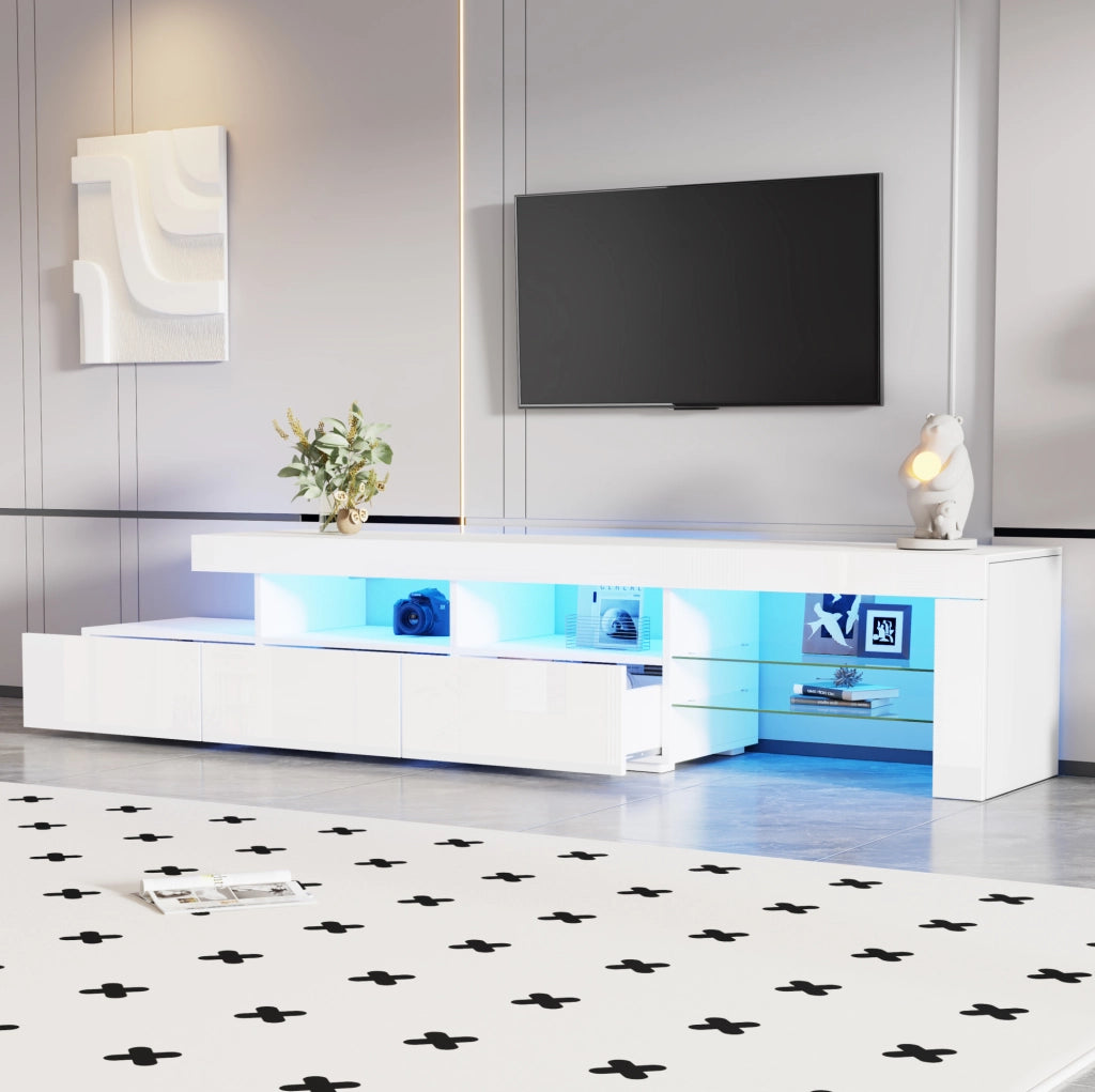 Mobile TV 180x35x45 cm con illuminazione LED; frontale lucido; 3 cassetti; in MDF e truciolare; bianco
