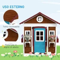 Casetta per Bambini 3-8 Anni con Tetto Inclinabile, Vasi e Fioriere, in Legno di Abete, 114x126.4x135 cm