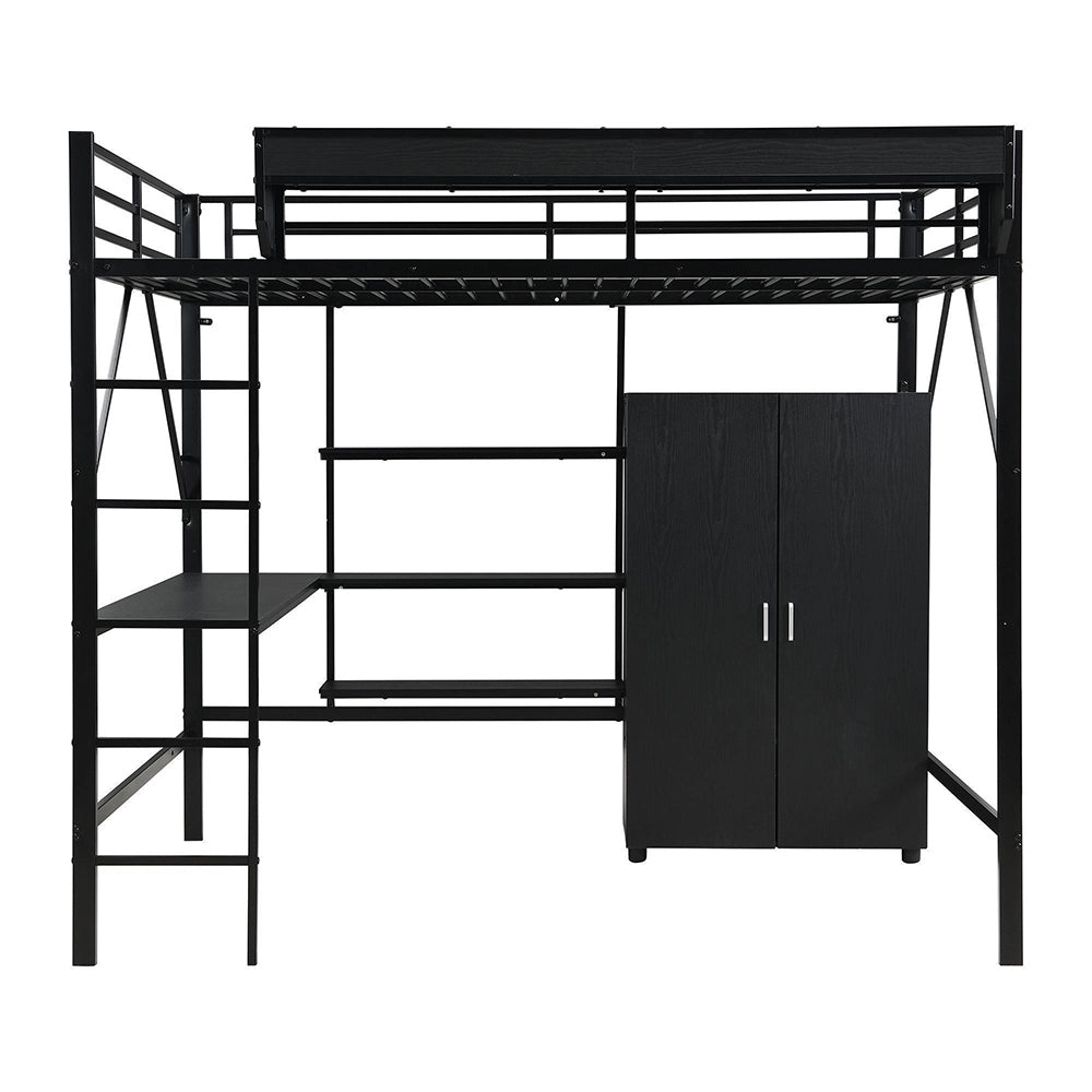 Letto mezzanino-Xylo-140x200cm ferro+MDF 2 livelli ripiano scrivania nero