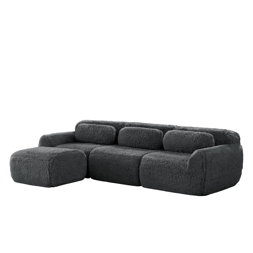 Divano Modulare ad Angolo con Ottomana, Divano Profondo senza Struttura, Cuscini e Base Antiscivolo, Peluche Grigio