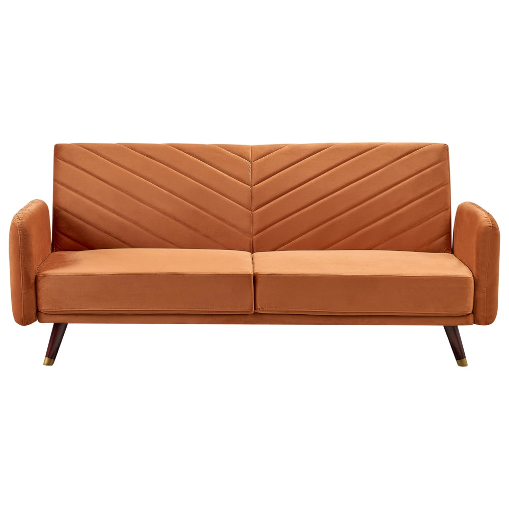 Divano Letto Tessuto Velluto Arancione Retro Soggiorno 3 Posti Gambe In Legno Bracci Pista