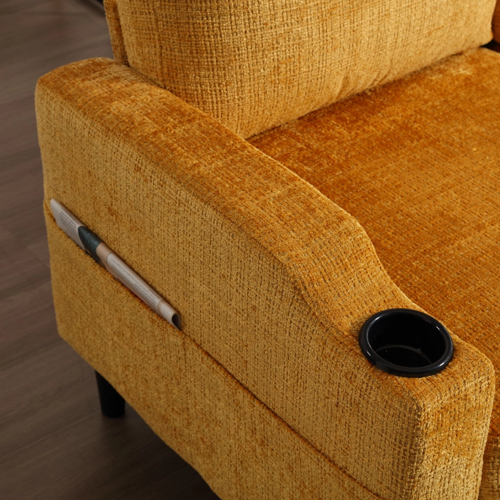 Divano modulare 4 Posti con Pouf contenitore, Portabicchieri e Tasche laterali, in Ciniglia, Giallo