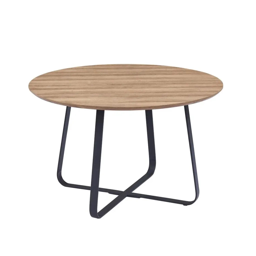 Tavolo da pranzo NOVES – Rotondo diametro 120 cm – Effetto legno e gambe nere – Stile moderno