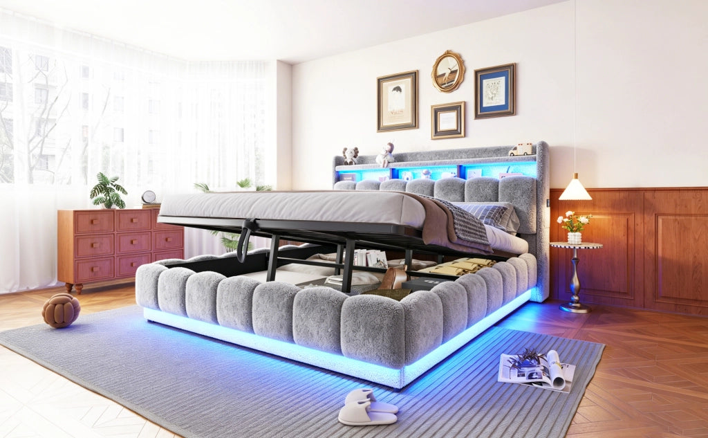 DESMIU Letto contenitore 180 × 200 cm 2 posti con LED, USB, presa, vano idraulico, senza materasso, bouclé, grigio