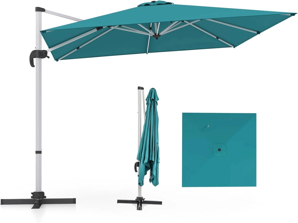 Ombrellone da Giardino 300 cm, Ombrellone Quadrato da Esterno con Rotazione a 360°, Inclinazione Regolabile, Base a Croce, 8 Stecche (Blu)