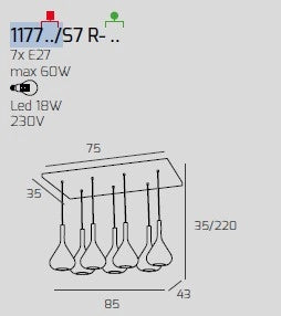 SOSPENSIONE CROMO 7 LUCI RETTANGOLARE VETRI 3X TR + 4X FU 1177CR-S7 R-TF
