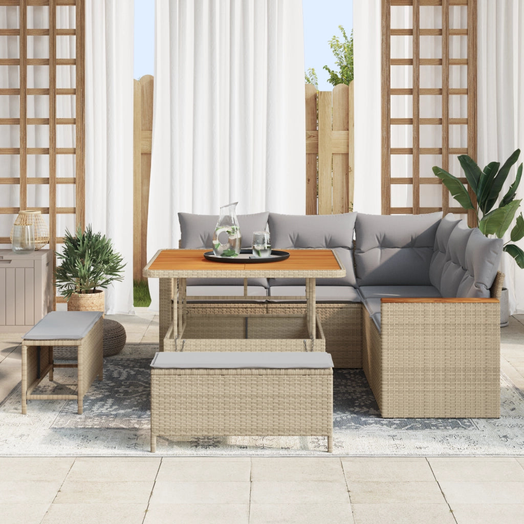 Set Divano da Giardino 8 Pezzi con Cuscini Beige Rattan Acacia