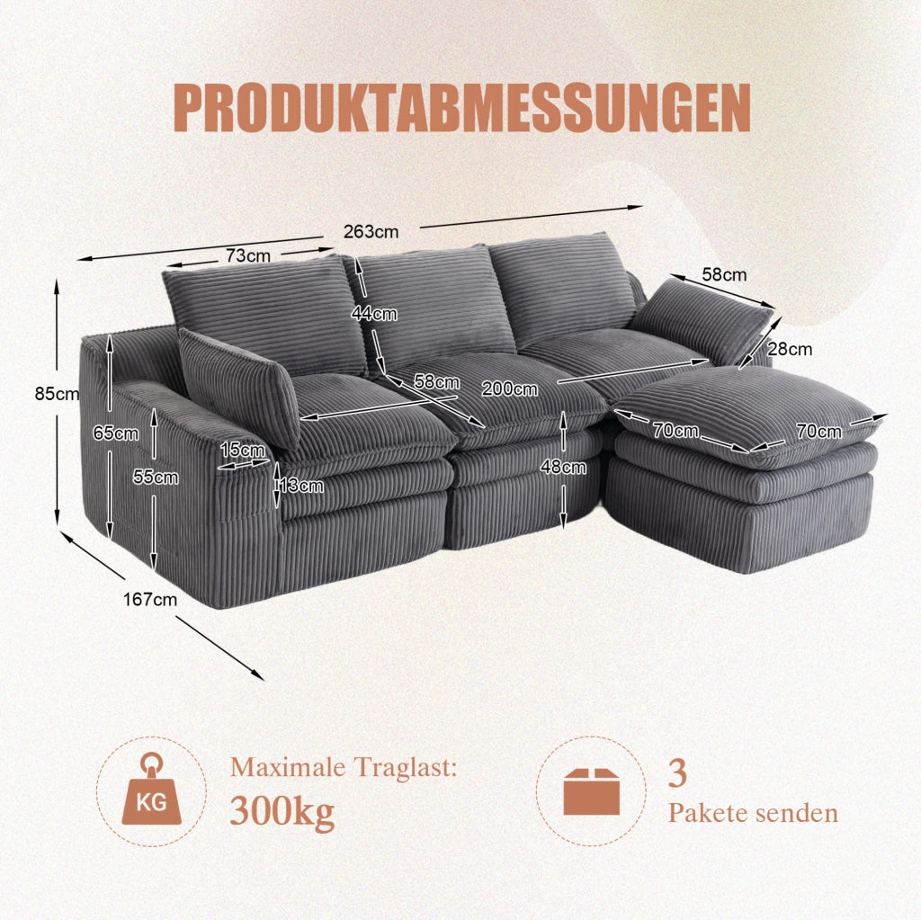DIVANO MODULARE 263x167x85 cm Velluto a coste Grigio scuro con pouf