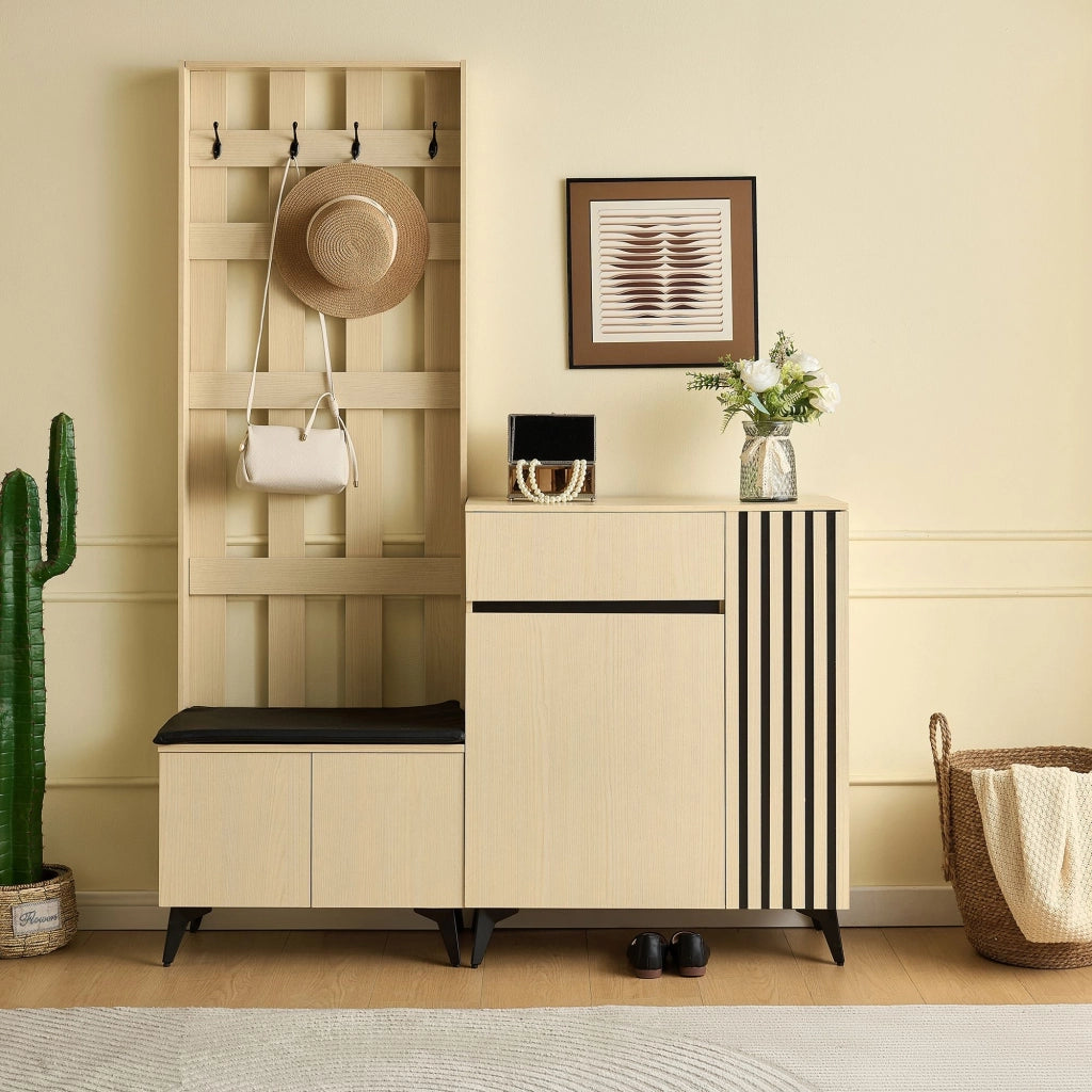 Set di mobili per l'ingresso, scarpiera, panca imbottita, 4 ganci, color legno naturale e nero