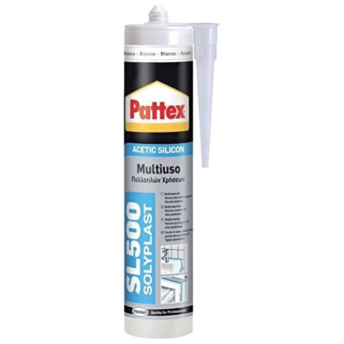 Pattex sigillante silicone acetico multiuso SL 500, antimuffa, per sanitari, docce, bagni, piastrelle, bianco, 300 ml