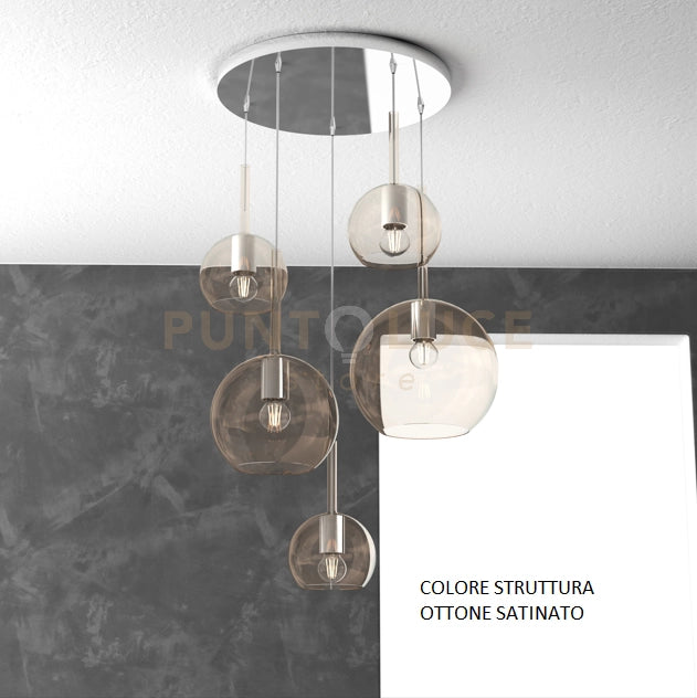 SOSP. OTTONE SAT. TONDA 5 LUCI VETRI (1 GRANDE+1 MEDIO+3 PICCOLO) TUTTI AMBRA 1155OS-S5 TMIX-AM