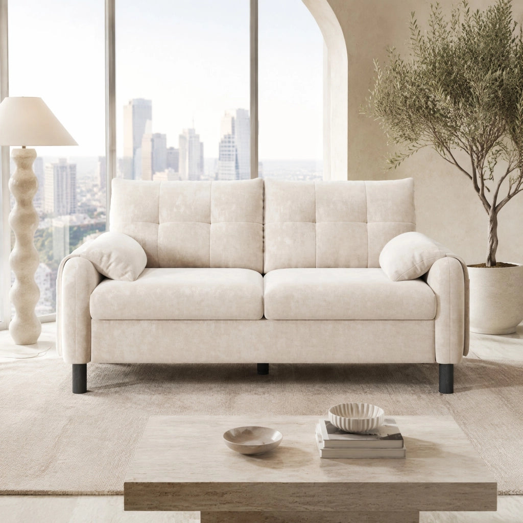 Divano a 2 posti modulare in chenille beige con tasche laterali e 2 cuscini 158 × 80 × 88.5 cm